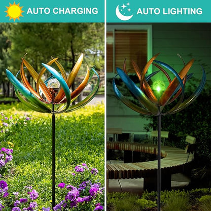 83" Large Solar Wind Spinner Outdoor Metal - Kinetic Tulip Flower Sculpture with Multi-Color Changing LED Crackle Glass Ball - Waterproof Garden Stake Art for Patio, Lawn, and Yard Decoration