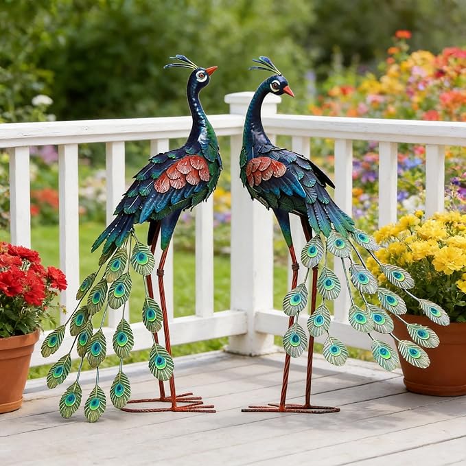 chisheen Garden Decor Outdoor Statues, Metal Peacock Decor for Outside, Garden Art Sculptures Standing for Patio Yard Lawn Home Decorations, Set of 2