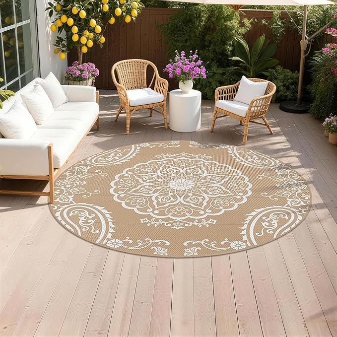 Pauwer Waterproof Outdoor Rug 8ft, Reversible Plastic Straw Patio Camping Rug, Indoor Outdoor RV Mat Carpet for Deck, Camper, Porch, Balcony, Backyard, Picnic, Boho Brown