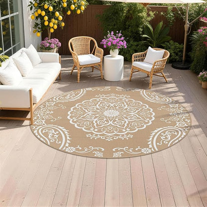 Pauwer Waterproof Outdoor Rug 8ft, Reversible Plastic Straw Patio Camping Rug, Indoor Outdoor RV Mat Carpet for Deck, Camper, Porch, Balcony, Backyard, Picnic, Boho Brown