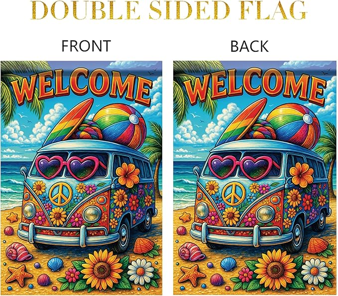 Summer Garden Flag 12x18 Inch Welcome Hippie Van Beach Surf Rainbow Peace Floral Design Outdoor Yard Porch Lawn Patio for Seasonal Coastal Boho Home Decor