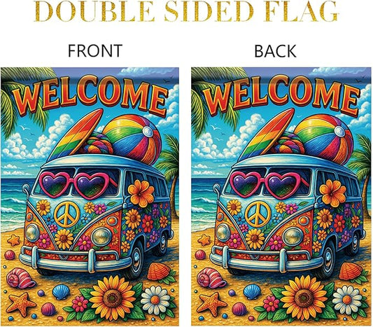 Summer Garden Flag 12x18 Inch Welcome Hippie Van Beach Surf Rainbow Peace Floral Design Outdoor Yard Porch Lawn Patio for Seasonal Coastal Boho Home Decor