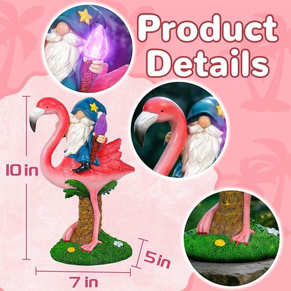 Flamingo Gnome Solar Outdoor Statue - Garden, Yard, Lawn, Patio Decor - Unique Birthday Housewarming Gift for Women, Mom, Grandma