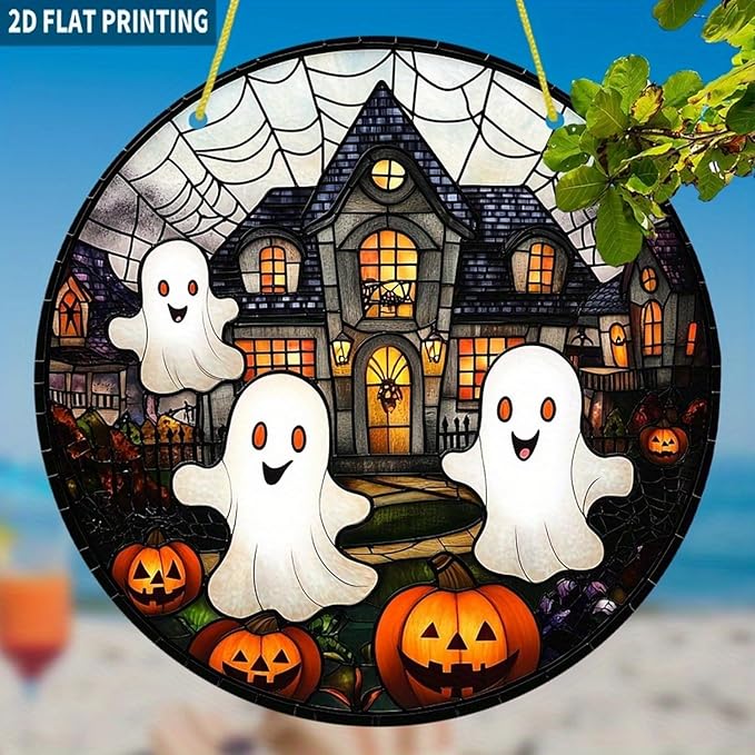 7.9inch Cute Halloween Suncatcher for Window Hanging,Ghost Pumpkin Castle Acrylic Suncatcher with Chain Halloween Window Decor for Home, Garden, Housewarming Round Ornament, Gift for Women Friend