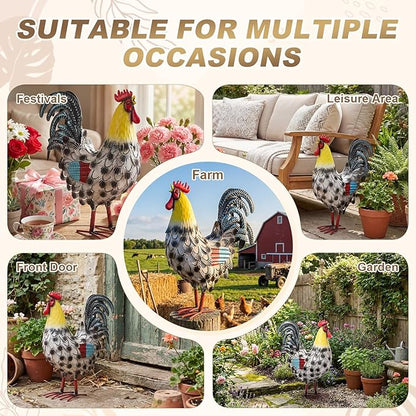Zhengmy Metal Rooster Garden Statue Lifelike Colorful Metal Rooster Yard Decor Hand-Painted Iron Chicken Sculpture for Patio Lawn Backyard Farmhouse Outdoor Indoor Decoration(Lustrous White)