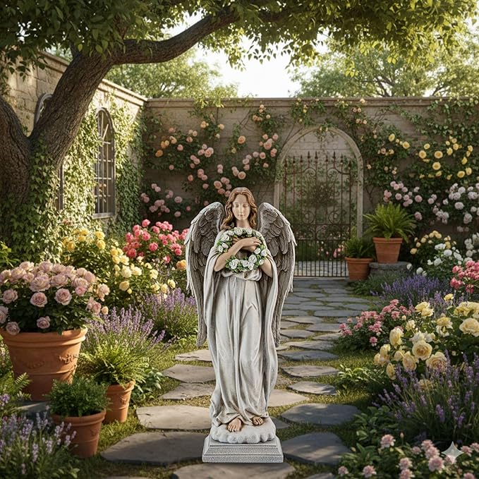 Garden Angel with Flower Wreath Statue - 16" Outdoor Memorial Angel Decor