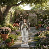 Garden Angel with Flower Wreath Statue - 16" Outdoor Memorial Angel Decor