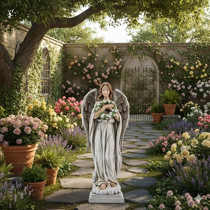 Garden Angel with Flower Wreath Statue - 16" Outdoor Memorial Angel Decor