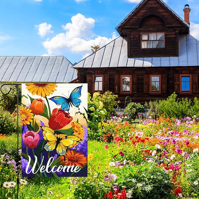 Louise Maelys Welcome Spring Floral Garden Flag 12x18 Double Sided, Burlap Small Vertical Summer Butterfly for Yard Seasonal Outside Outdoor House Decoration