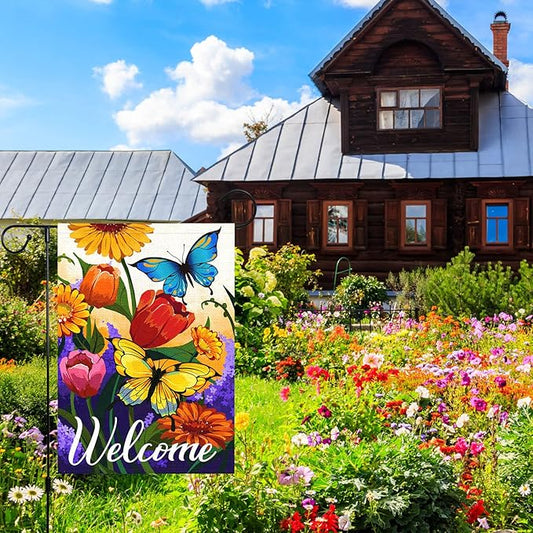 Louise Maelys Welcome Spring Floral Garden Flag 12x18 Double Sided, Burlap Small Vertical Summer Butterfly for Yard Seasonal Outside Outdoor House Decoration