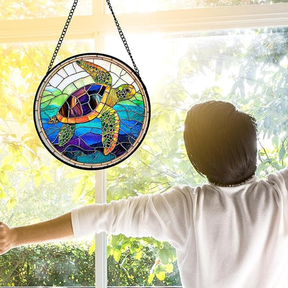 DASTOLL Stained Glass Window Hanging, Colored Turtle Ocean Suncatcher Diamond Glass Panel Hangings Marine Life Sun Catchers Decor for Birthday for Women, Men, Wife, Aunt, Mom 6.3 in