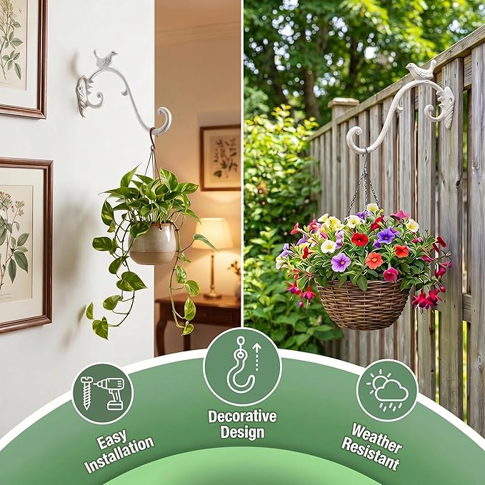 Z metnal Cast Iron Plant Hanger - Bird Rustic Wall Mounted Hanging Basket Holder for Outdoor Garden, Patio, Porch Decor - Heavy Duty Metal Hook Bracket, White