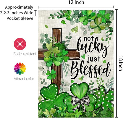 CROWNED BEAUTY St Patricks Day Garden Flag Shamrocks Clover Cross Blessed 12x18 Inch Double Sided Green Holiday Decoration for Outdoor Lawn Yard CF1931-12