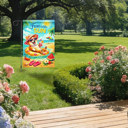 Nuxovilar Summer Garden Flag Fun In The Sun Beach Dog Float Pattern Polyester 12x18 Inches Garden Flags for Outside Playful Decor Yard Porch Pool