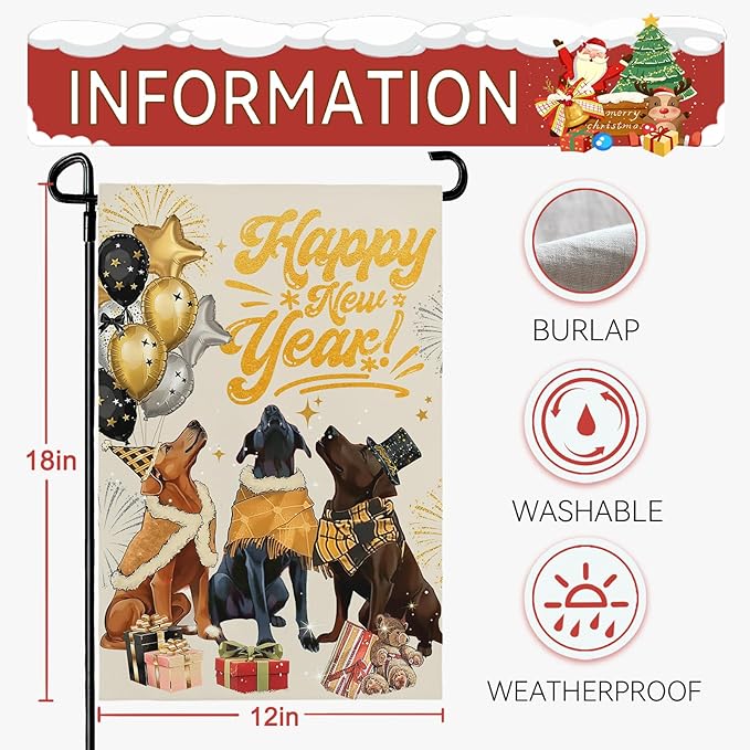 Happy New Year Garden Flag 12 X 18 Inch Double Sided Winter Cute Dogs Balloon Yard Garden Flags for Outside Outdoor Yard Party New Year Decoration