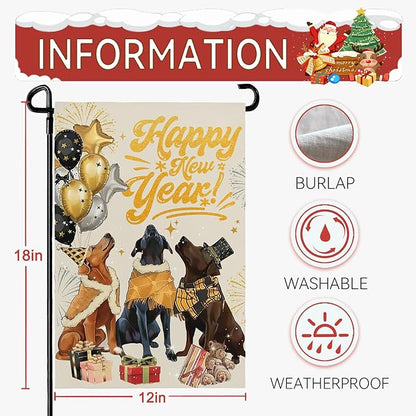 Happy New Year Garden Flag 12 X 18 Inch Double Sided Winter Cute Dogs Balloon Yard Garden Flags for Outside Outdoor Yard Party New Year Decoration