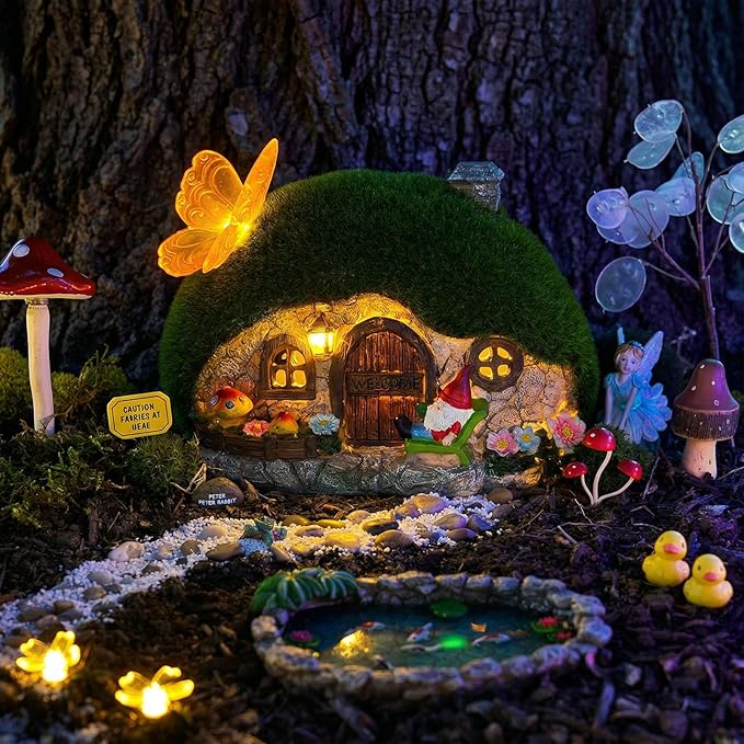 Solar Fairy Garden House Accessories, Outdoor Garden Statues with Butterfly Lights & Gnomes Gardening Gifts for Women, House Sculpture Figurine Outside Garden Decorations for Yard Patio Lawn Decor