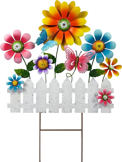Colorful Flower Garden Stake with Butterflies & White Fence, Outdoor Yard Art Decor, Metal Floral Lawn Stakes for Garden, Patio, Flower Bed, Spring & Summer Outdoor Decoration