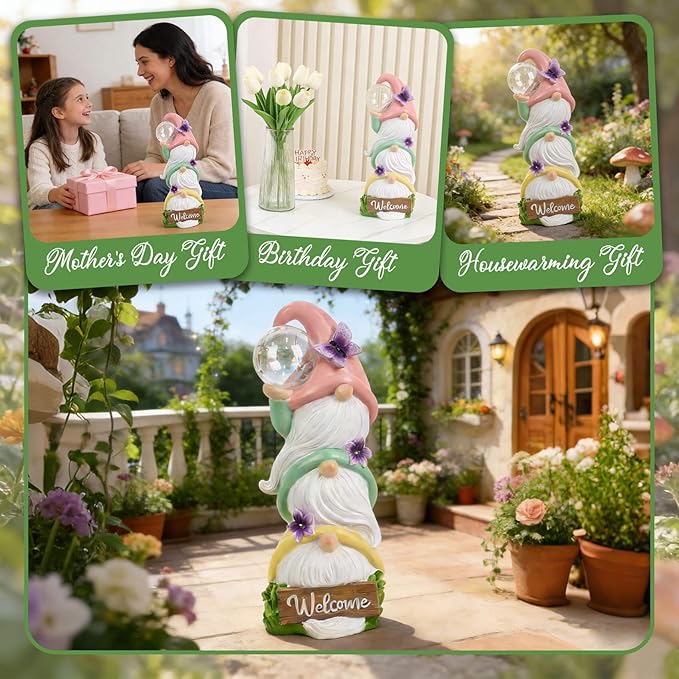 Garden Gnome Statues Solar Lights, Waterproof Outdoor 3 Stacked Spring Gnomes Sculptures Birthday Gifts for Women Grandma 12 Inch Welcome Sign Porch Decor