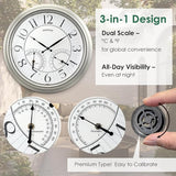 18" Illuminated in/Outdoor Clock with Smart Sensor and Night Light, Waterproof, Large Wall Clock with Thermometer & Hygrometer, for Garden,Pool and Patio Decor (Morning Silver)