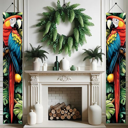 Tropical Parrot Porch Banners 71x12 Inch Summer Luau Party Decorations Colorful Macaw Hanging Door Signs Jungle Leaves Citrus Fruits Outdoor Patio Welcome Banner for Home Decor