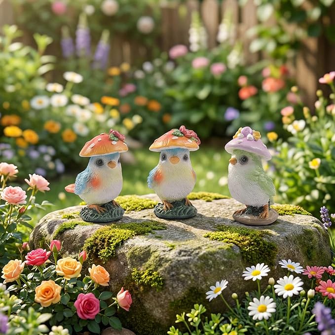 Set of 3 Mushroom Bird Figurines, Cute Resin Small Garden Statues, Outdoor Fairy Garden Accessories Patio Yard Lawn Decor, Indoor Flower Plant Pots Table Shelf Decorations for Home