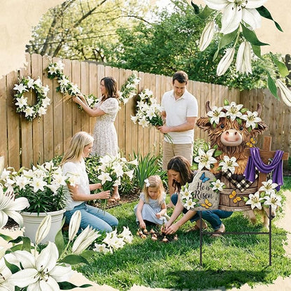Amyhill Easter Outdoor Decor Highland Cow Metal Garden Stakes Decorative He is Risen Highland Cow Yard Signs with Stakes Cattle Lily Yard Sign for Easter Christian Holiday Garden Lawn Decor