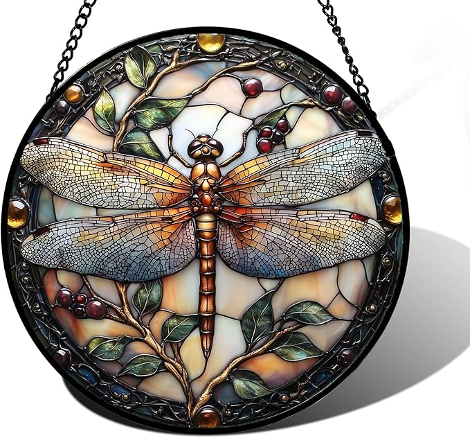 DASTOLL Stained Glass Window Hanging - Dragonfly Plant Suncatcher Ready to Hang Window Doors Home Decoration, Christmas, Mother's Day Birthday Gifts for Women, Men, and Mom11.8x11.8 in