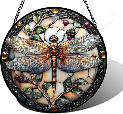 DASTOLL Stained Glass Window Hanging - Dragonfly Plant Suncatcher Ready to Hang Window Doors Home Decoration, Christmas, Mother's Day Birthday Gifts for Women, Men, and Mom 7.8x7.8 in