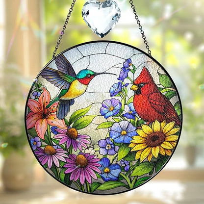 Personalized Hummingbird & Red Cardinal Stained Glass Suncatcher, Custom Birds Window Sun Catcher Hanging Decor, Cardinal Sun Catcher Indoor Window Art, Hummingbird Gift Ideas for Women, Mom, Grandma
