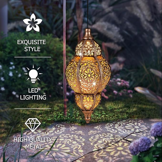 Hanging Solar Lantern Outdoor Decor, Moroccan Solar Lights for Outside Garden Decorations, Waterproof Solar Lanterns Garden Gifts for Mom, Women, Patio, Yard Ornament (Copper2P)