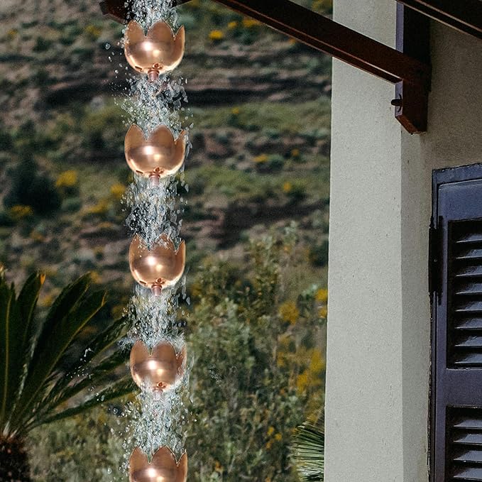 Topadorn Rain Chains Lotus Decor 8.5 Feet Rain Chain with 11 Tulip Shaped Copper Cups, Mental Antique Gold Rain Chain Basin Downspout