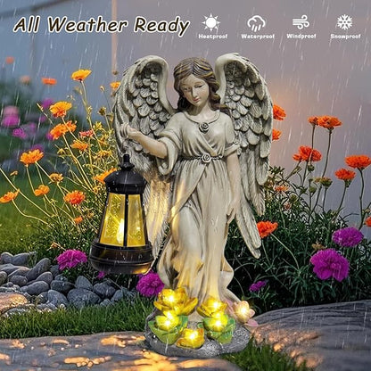 NBQQ Angel Outdoor Garden Decor, 11.8 inches Waterproof Statue with Solar Light for Outside Yard Art, Patio Balcony Front Lawn Ornaments, Warm White Automatic LED, Gifts for Mom Grandma Women