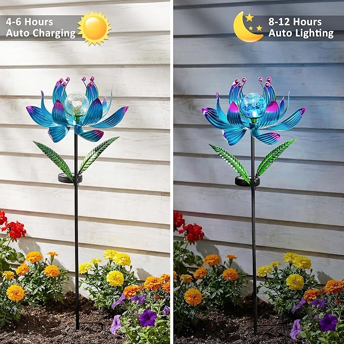 Solar Wind Spinner Outdoor Metal - Kinetic Lotus Flower Garden Sculptures & Spinners with Crackle Glass Lighting, 360° Spinning Yard Art Decor for Patio, Lawn, Pathway, Gifts for Women