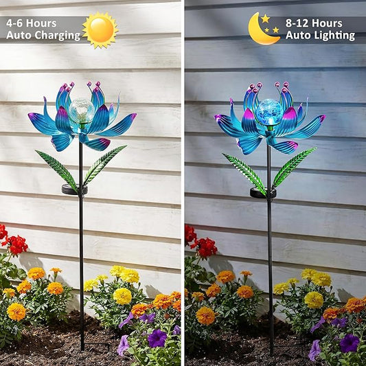 Solar Wind Spinner Outdoor Metal - Kinetic Lotus Flower Garden Sculptures & Spinners with Crackle Glass Lighting, 360° Spinning Yard Art Decor for Patio, Lawn, Pathway, Gifts for Women