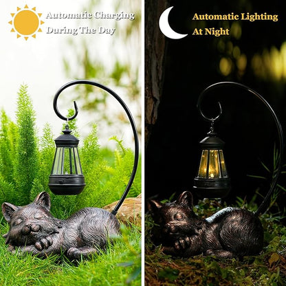 WSgift Outdoor Cat Figurine Garden Statue with Solar-Powered LED Light 13.77 Inches Tall, Gift Garden Statue Decor for Cat Lovers