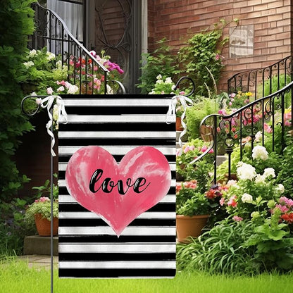 Love Heart Garden Flag Valentines Day Strips Yard Flag Outside Double Sided Anniversary Wedding Burlap Garden Flags Pink Love House Banner for Outdoor Valentine Decor 12x18 Inch