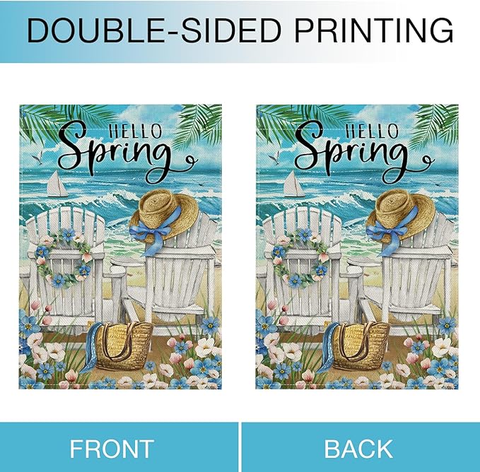 Hzppyz Hello Spring Sea Chairs Garden Flag Double Sided, Forget Me Not Flower Coastal Ocean Beach Decorative Yard Outdoor Home Small Decor, Nautical Sailboat Bag Hat Burlap Outside House Decoration 12