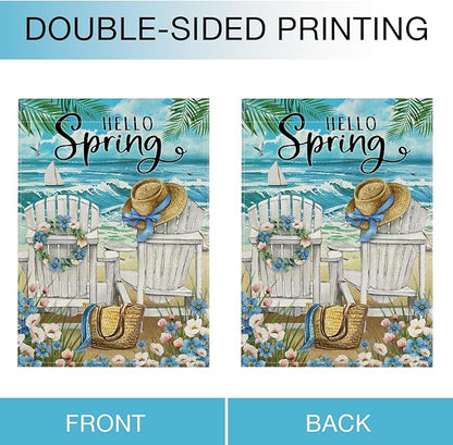 Hzppyz Hello Spring Sea Chairs Garden Flag Double Sided, Forget Me Not Flower Coastal Ocean Beach Decorative Yard Outdoor Home Small Decor, Nautical Sailboat Bag Hat Burlap Outside House Decoration 12