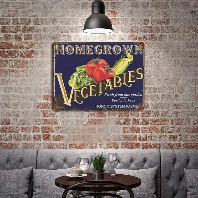 Vegetable Tomato Corn Metal Retro Vintage Tin Sign for Outdoor Patio Garden and Home Bar Club Wall Decor Sign Metal Sign Vintage Homemade Vegetable Pesticide Free Kitchen Sign 12x16 inhces