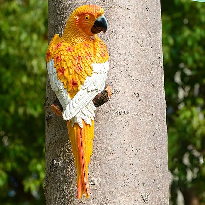 Large Parrot Decor Outdoor Tiki Bar Decorations Realistic Parrot Statues for Outside Lifelike Bird Fake Macaw Sculptures Garden Patio Yard Law Tropical Tree Wall Decoration(Yellow)
