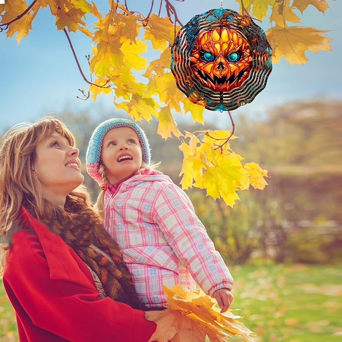 Halloween Scary Pumpkin Wind Spinner,12in Stainless Steel Hanging Wind Spinners Outdoor Yard Patio Garden Decorations