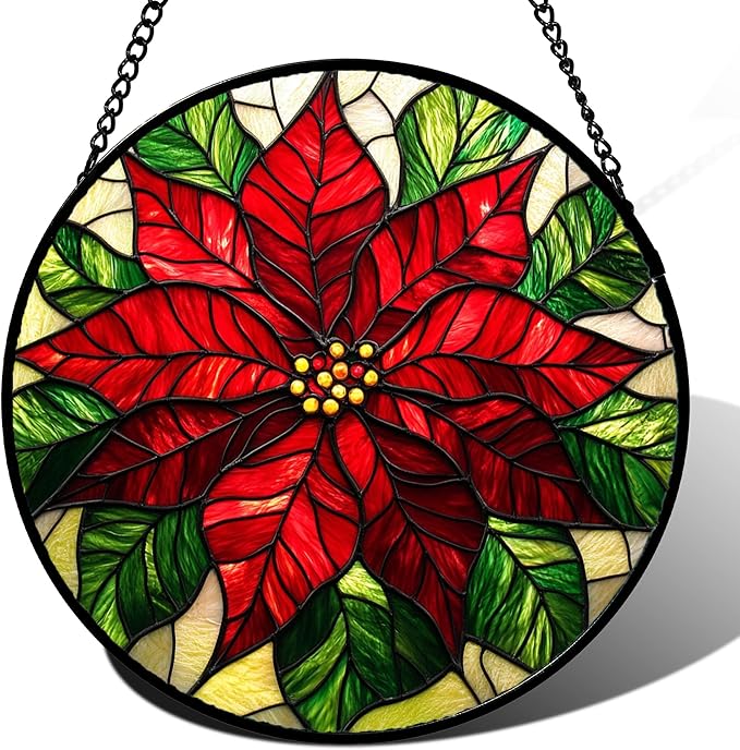 Stained Glass Window Hanging - Poinsettia Suncatcher for Door Garden Home Decor Birth Flower Sun Catcher Birthday Mother's Day for Lovers Friend Women Mom Nana 6.3 in