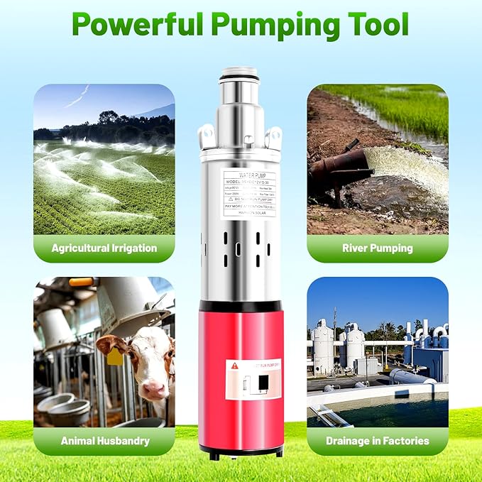 Deep Well Submersible Pump, DC 12V 180W Stainless Steel Water Pump, 6.6GPM Flow, 82ft Lift, for Industrial Home Farm Ranch Irrigation 4500RPM with 49ft Electric Cord