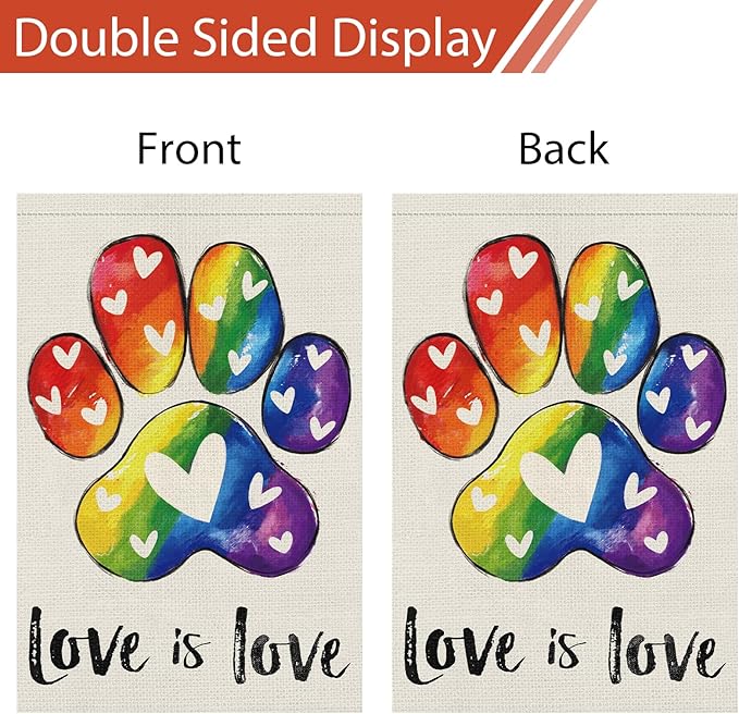Heyfibro Love is Love Pride Garden Flag 12x18 Double Sided Burlap, Rainbow Footprints Gay Lesbian LGBT Pansexual Yard Banner for Pride Month Outdoor Decoration (ONLY FLAG)