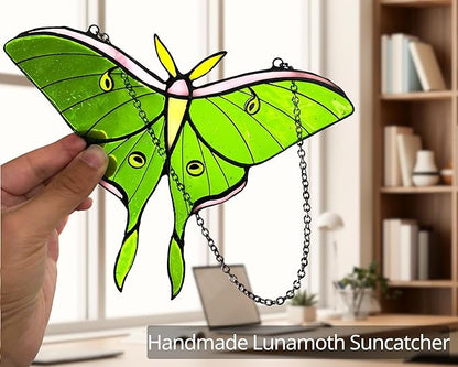 Luna Moth Stained Glass Window Hanging - Handmade Real Glass Suncatcher - Elegant Green Moon Moth Butterfly Light Catcher Gifts for Mother, Women, Grandma (Gifts-Box provided)