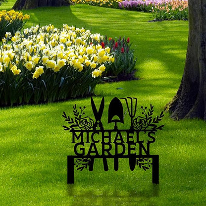 Custom Metal Garden Tools Sign with Stakes, Personalized Garden Name Sign, Yard Art, Patio Decorations, New Home Gift, Garden Decorative, Gardening Tools Sign for Outdoor, Large Housewarming Gift