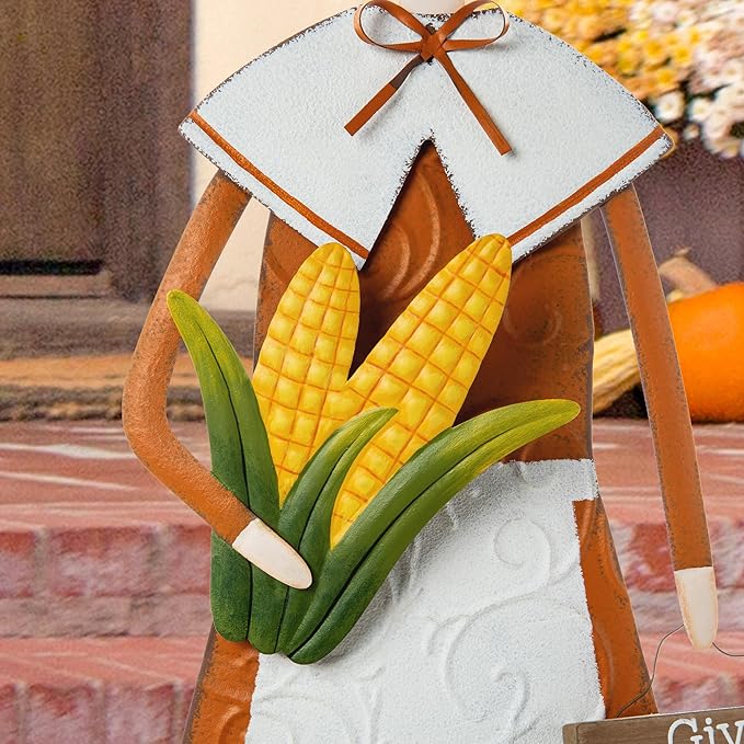 Glitzhome Thanksgiving Yard Stakes Metal Pilgrim Girl Yard Signs Hanging Wall Decors for Thanksgiving Fall Harvest Outdoor Decorations, 36" H