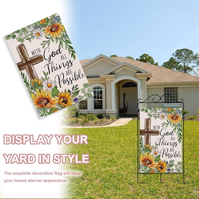 With God All Things Are Possible Religious Spring Summer Easter Decorative House Flag, Cross Sunflower Garden Yard Outside Decorations, Inspirational Fall Autumn Outdoor Large Home Decor 28x40