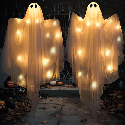 JOYIN 2 Pcs 47” Halloween Light up Hanging Ghost Decoration Outdoor, Halloween Flying Hanging Ghosts with Warm LED Light for Haunted House Prop, Front Yard Patio Party Decor Indoor Outdoor